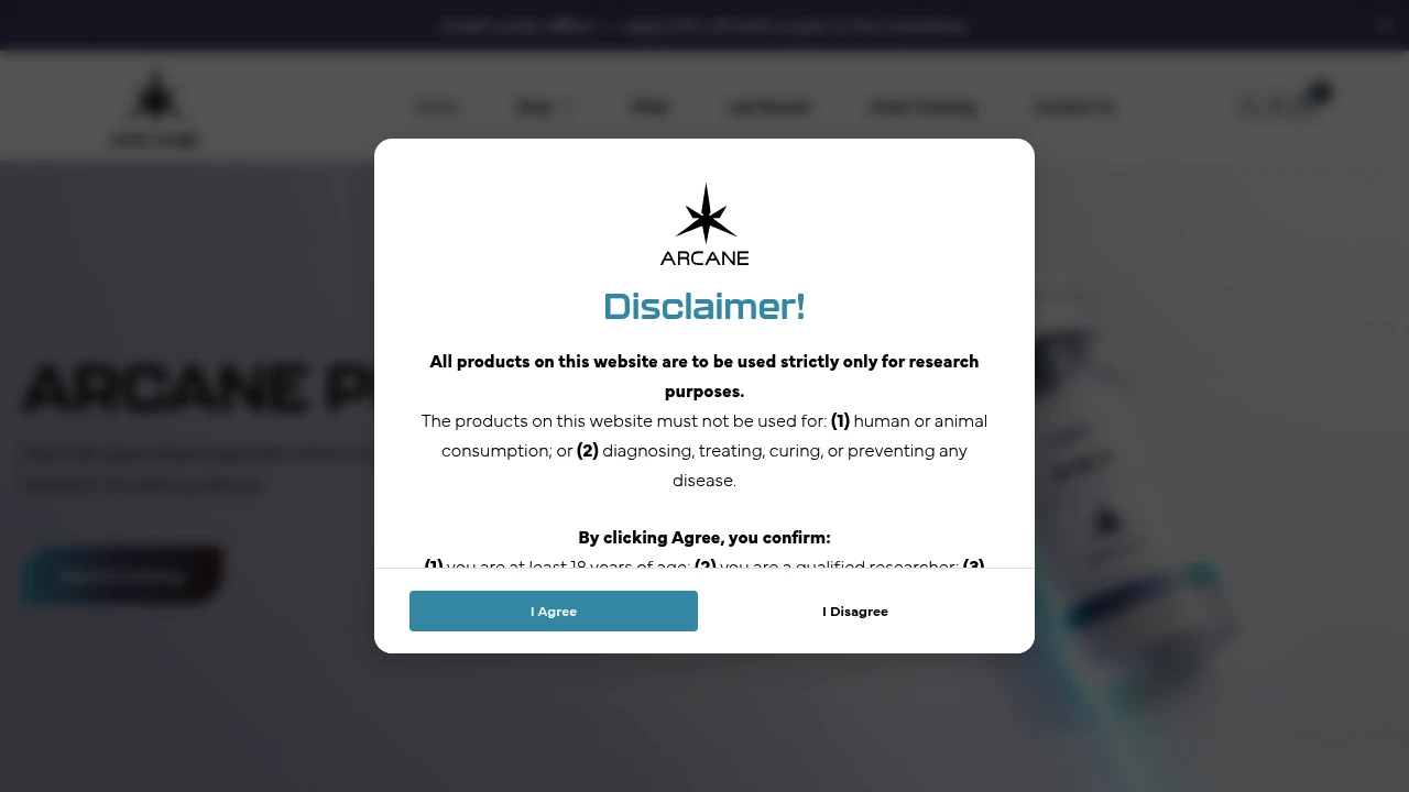 Screenshot of Arcane Peptides website